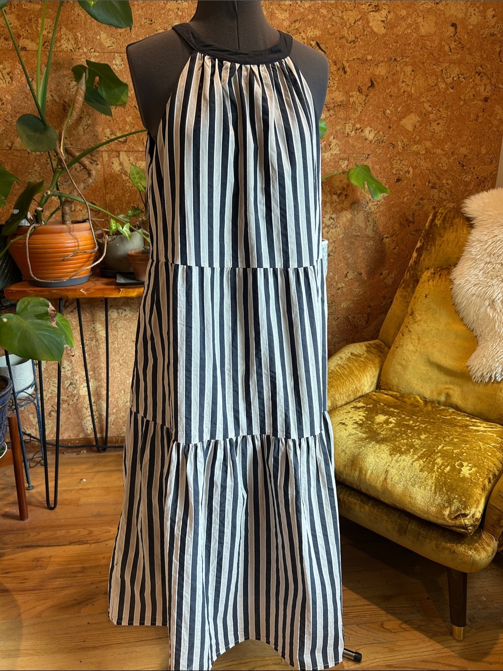 Zesica Striped Halter Tiered Maxi Dress in Navy & Cream